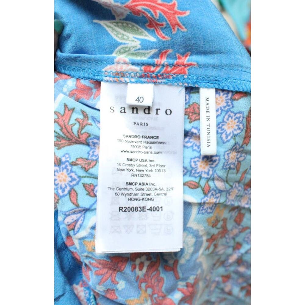 Sandro Blue Floral Tie Plunging Slit Short Long Summer Dress Size 40/Large - Picture 7 of 7